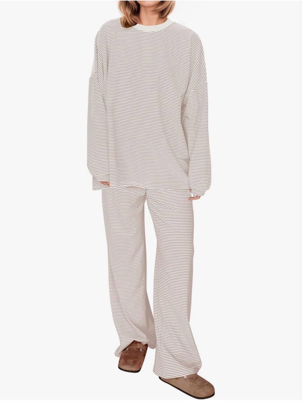 Women’s Long-Sleeve Striped Pajama Set - Cream and Brown size medium